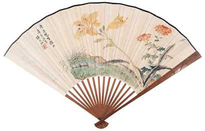 张大壮 辛巳（1941年）作 萱菊并茂 成扇